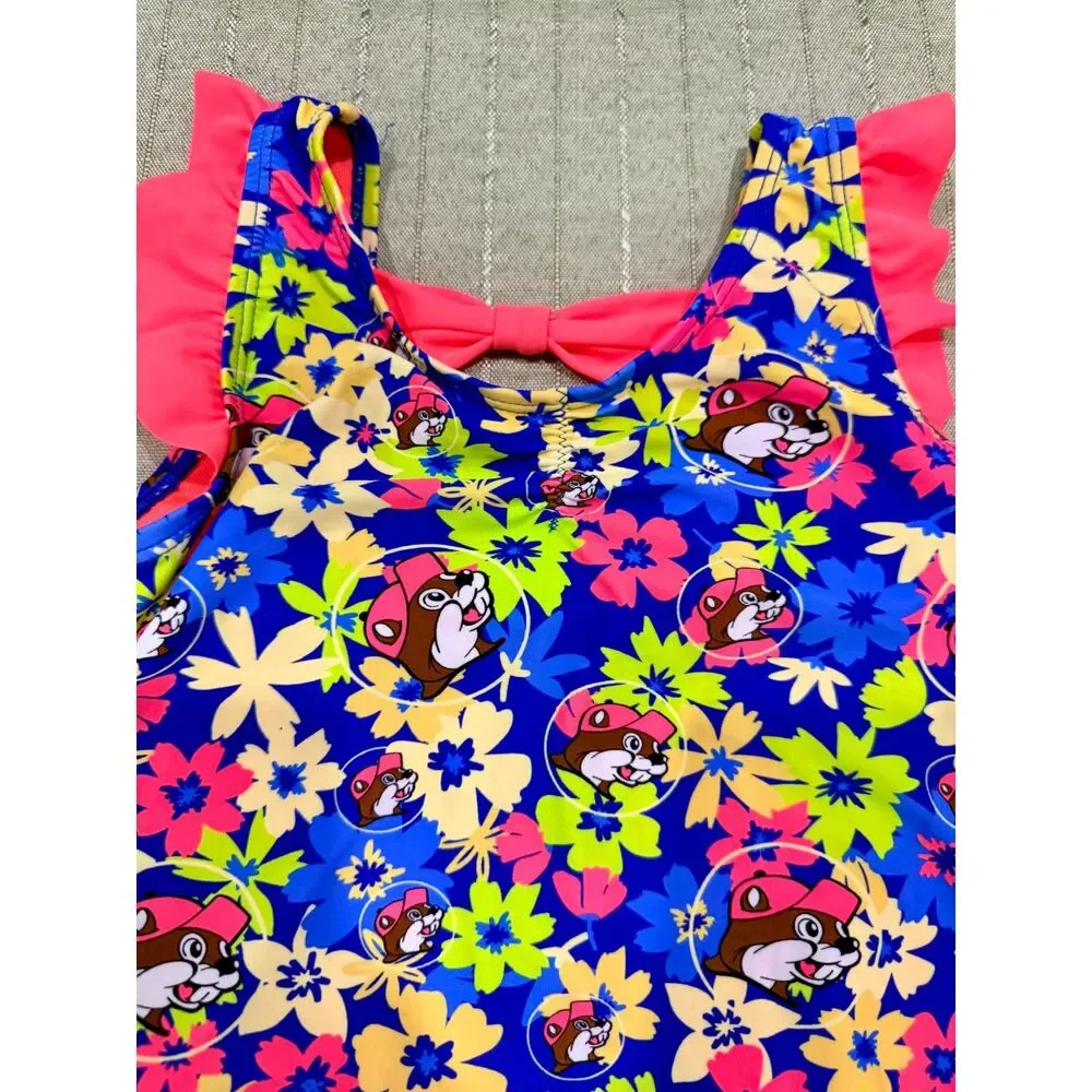 Buc-ee's Girls One-Piece Swimsuit | Beaver Print | Ruffle Shoulder | Size 4T
